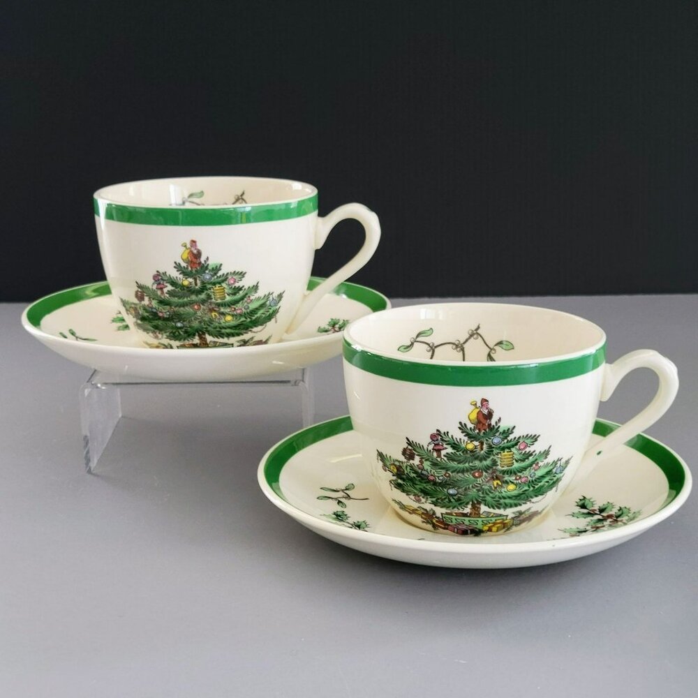 Vintage Spode England Christmas Tree Cup & Saucer 2 Sets, Classic Holiday Dishes